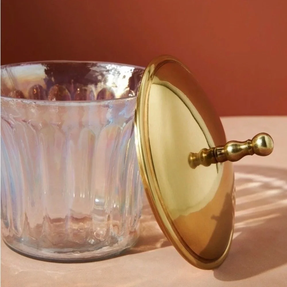 Anthropologie Lustrous Canister Iridescent‎ Fluted Glass Gold Lid 6.5